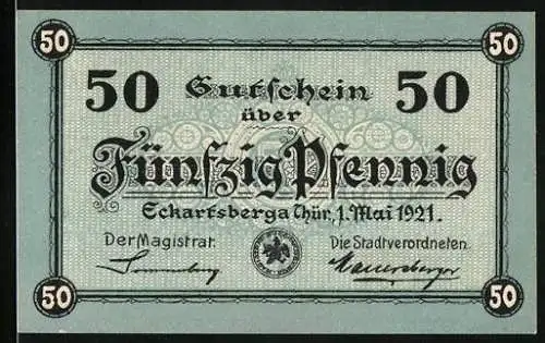 Notgeld Eckartsberga 1921, 50 Pfennig, Ortsansicht mit Eckartsburg