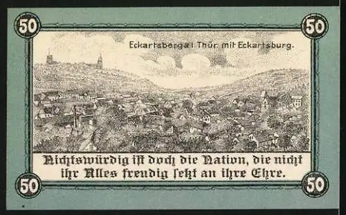 Notgeld Eckartsberga 1921, 50 Pfennig, Ortsansicht mit Eckartsburg