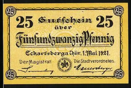 Notgeld Eckartsberga 1921, 25 Pfennig, Ansicht der Eckartsburg