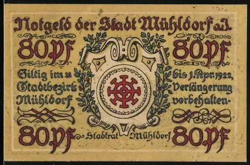 Notgeld Mühldorf a. I., 80 Pfennig, Ortsansicht mit Kirche