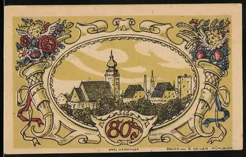 Notgeld Mühldorf a. I., 80 Pfennig, Ortsansicht mit der Kirche