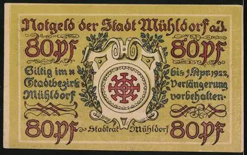 Notgeld Mühldorf a. I., 80 Pfennig, Ortsansicht mit der Kirche
