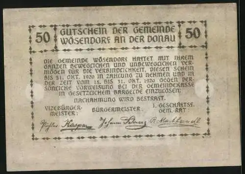 Notgeld Wösendorf i. d. Wachau 1920, 50 Heller, Wegpartie am Heiligenhäuschen