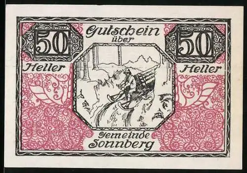 Notgeld Sonnberg 1920, 50 Heller, Forstmann auf dem Schlitten im Winter