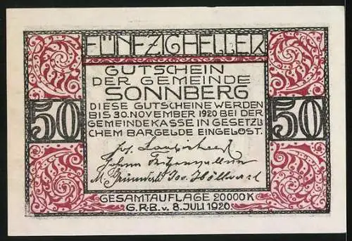 Notgeld Sonnberg 1920, 50 Heller, Forstmann auf dem Schlitten im Winter