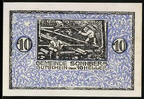Notgeld Sonnberg 1920, 10 Heller, Holzfäller bei der Arbeit