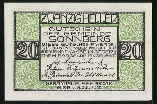 Notgeld Sonnberg 1920, 20 Heller, Sonnenaufgang in den Bergen