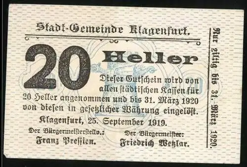Notgeld Klagenfurt 1919, 20 Heller, Bürgermeister Friedrich Wetzlar
