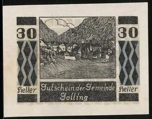 Notgeld Golling, 30 Heller, Ortsansicht am Bergfuss, Schlosshof