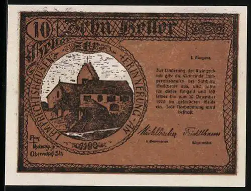 Notgeld Lamprechtshausen bei Salzburg, 10 Heller, Ortsansicht, Grubers Geburtshaus in Arnsdorf