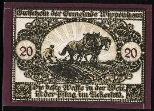 Notgeld Wippenham 1920, 20 Heller, Bauer am Pferdepflug