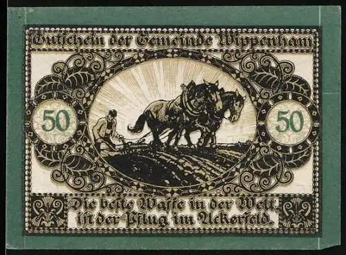 Notgeld Wippenham 1920, 50 Heller, Bauer am Pferdepflug