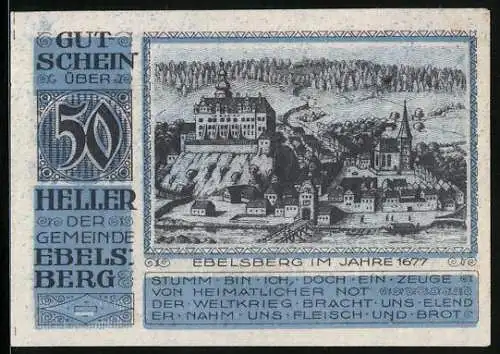 Notgeld Ebelsberg 1920, 50 Heller, Ortsansicht anno 1677