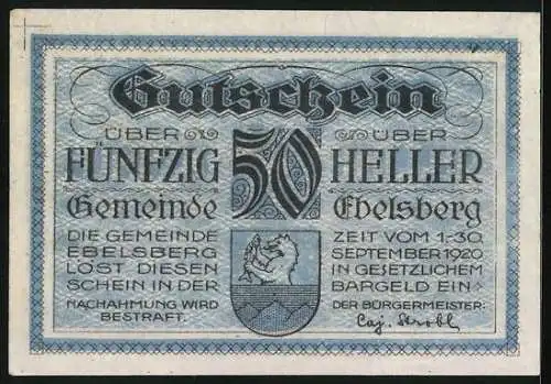 Notgeld Ebelsberg 1920, 50 Heller, Ortsansicht anno 1677