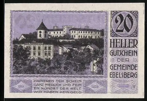 Notgeld Ebelsberg 1920, 20 Heller, Blick auf das Schloss