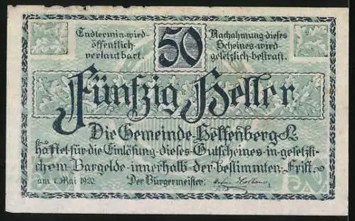 Notgeld Helfenberg 1920, 50 Heller, Ortsansicht mit der Kirche