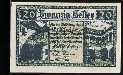 Notgeld Helfenberg 1920, 20 Heller, Ansichten der Burg Piberstein