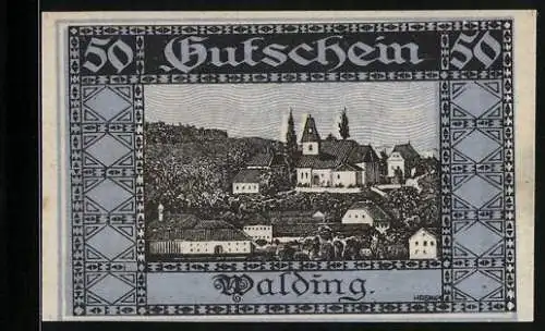 Notgeld Walding 1920, 50 Heller, Ortsansicht mit exponierter Kirche