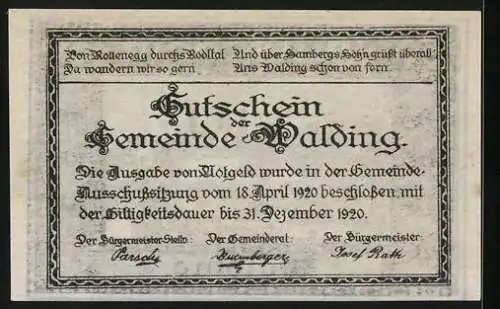 Notgeld Walding 1920, 50 Heller, Ortsansicht mit exponierter Kirche