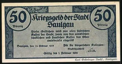 Notgeld Saulgau 1918, 50 Pfennig, Frau mit Kind zieht aufs Feld, der Mann in den Krieg