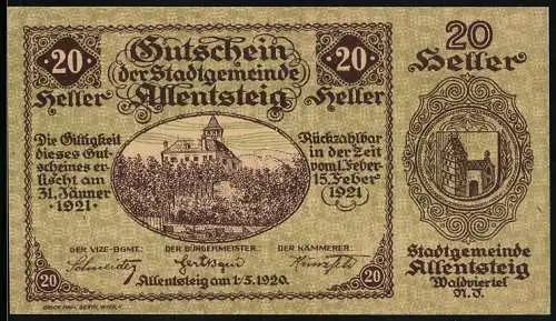 Notgeld Allentsteig 1920, 20 Heller, Blick auf das Schloss