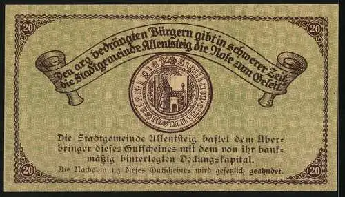 Notgeld Allentsteig 1920, 20 Heller, Blick auf das Schloss