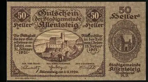 Notgeld Allentsteig 1920, 50 Heller, Die Befestigungsanlage
