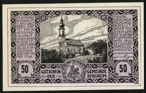 Notgeld Bergheim /Land Salzburg, 50 Heller, Die Kirche, Bachpartie