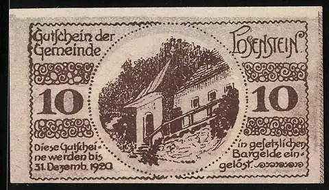 Notgeld Losenstein, 10 Heller, Ortsansicht am Treppenaufgang zu einem Haus