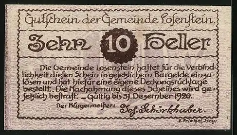 Notgeld Losenstein, 10 Heller, Ortsansicht am Treppenaufgang zu einem Haus