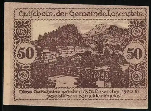 Notgeld Losenstein, 50 Heller, Ortsansicht über eine Eisenbahnbrücke