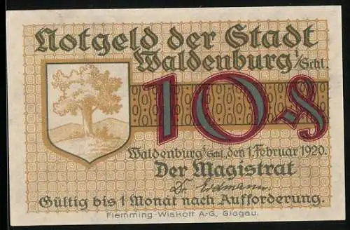 Notgeld Waldenburg i. Schl. 1920, 10 Pfennig, Relief von Bergmännern unter Tage