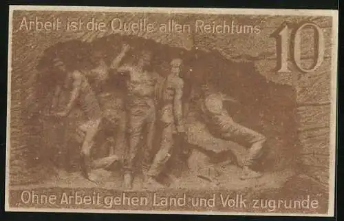 Notgeld Waldenburg i. Schl. 1920, 10 Pfennig, Relief von Bergmännern unter Tage