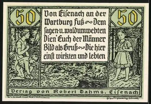 Notgeld Eisenach, 50 Pfennig, Konterfei eines Mannes mit Vollbart, Rathausplatz