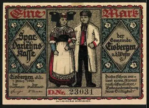 Notgeld Eisbergen 1921, 1 Mark, Menschen in Tracht beim Tanz