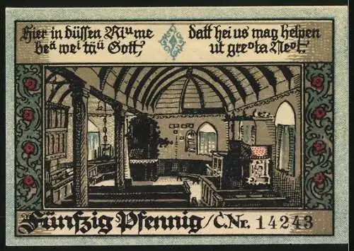 Notgeld Eisbergen 1921, 50 Pfennig, Kircheninneres und Frau in Tracht