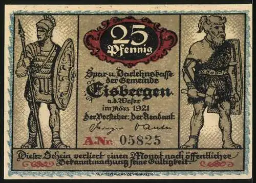 Notgeld Eisbergen 1921, 25 Pfennig, Hermann der Germane in der Schlacht