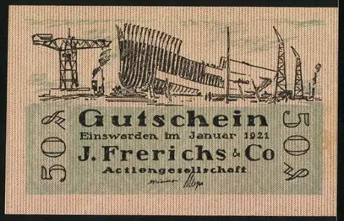 Notgeld Einswarden 1921, 50 Pfennig, Szene aus der Werft von J. Frerichs & Co., stürmische See