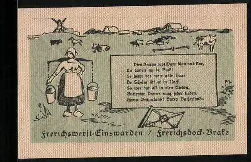 Notgeld Einswarden 1921, 50 Pfennig, Szene aus der Werft von J. Frerichs & Co., Bäuerin holt Wasser