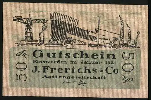 Notgeld Einswarden 1921, 50 Pfennig, Szene aus der Werft von J. Frerichs & Co., Bäuerin holt Wasser