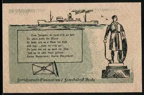 Notgeld Einswarden 1921, 50 Pfennig, Szene aus der Werft von J. Frerichs & Co., Denkmal eines Kriegers