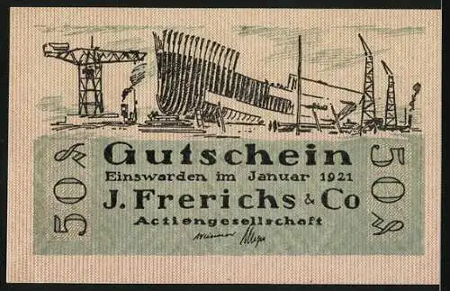 Notgeld Einswarden 1921, 50 Pfennig, Szene aus der Werft von J. Frerichs & Co., Denkmal eines Kriegers