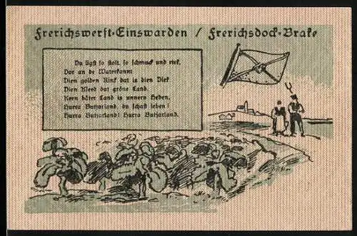 Notgeld Einswarden 1921, 50 Pfennig, Szene aus der Werft von J. Frerichs & Co., Bauer und Bäuerin am Feld