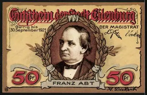 Notgeld Eilenburg, 50 Pfennig, Franz Abt Denkmal und Konterfei