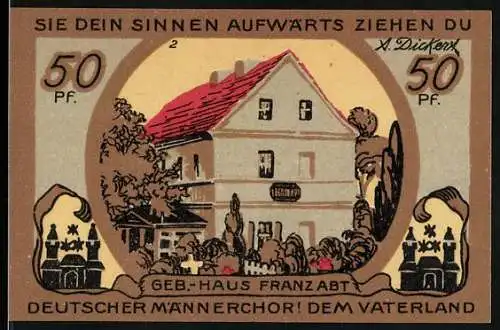 Notgeld Eilenburg, 50 Pfennig, Franz Abt Konterfei und sein Geburtshaus