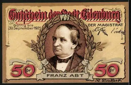 Notgeld Eilenburg, 50 Pfennig, Franz Abt Konterfei und sein Geburtshaus