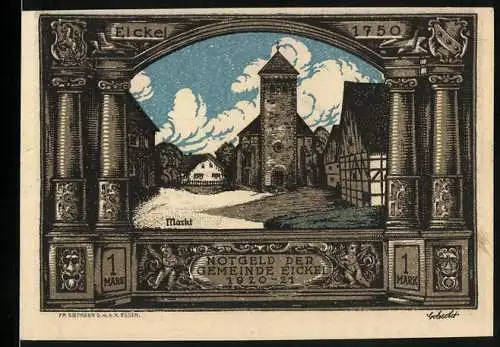 Notgeld Eickel 1921, 1 Mark, Die Kirche am Markt um 1750