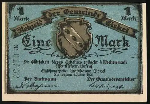 Notgeld Eickel 1921, 1 Mark, Die Kirche am Markt um 1750
