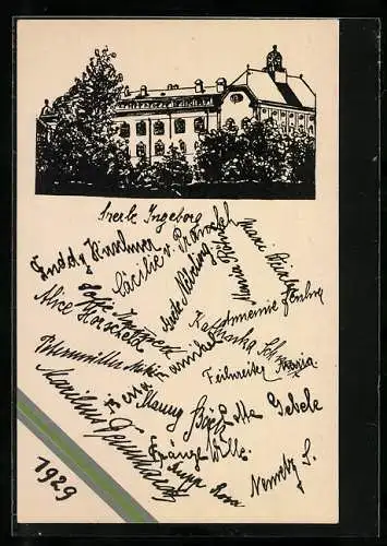 Künstler-AK Verbindungshaus, Couleur, Signaturen, Jahr 1929