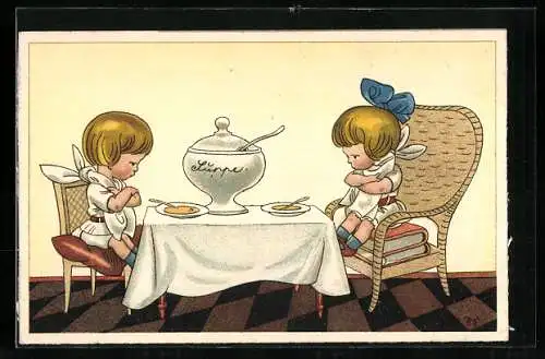 Künstler-AK Kinder wollen keine Suppe essen